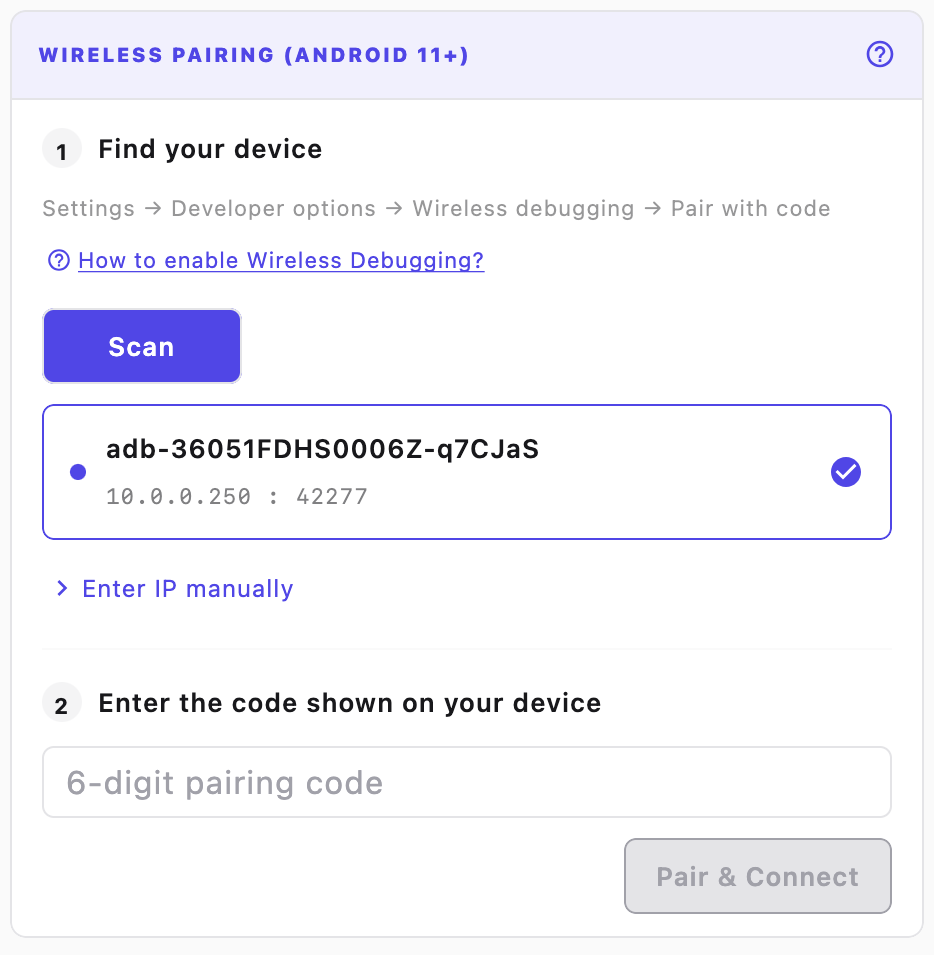 Wireless pairing interface for Android 11+